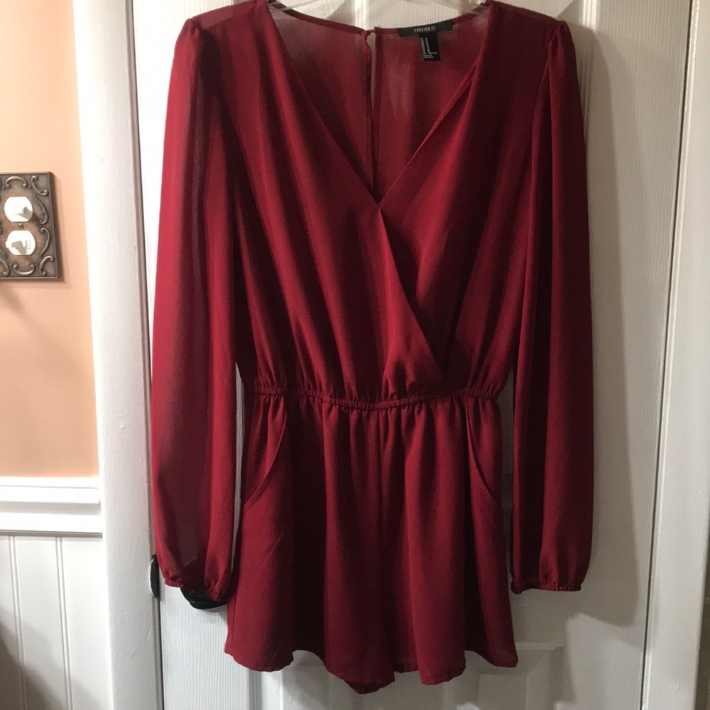 NWOT Burgundy Romper with Long Sleeves and Pockets